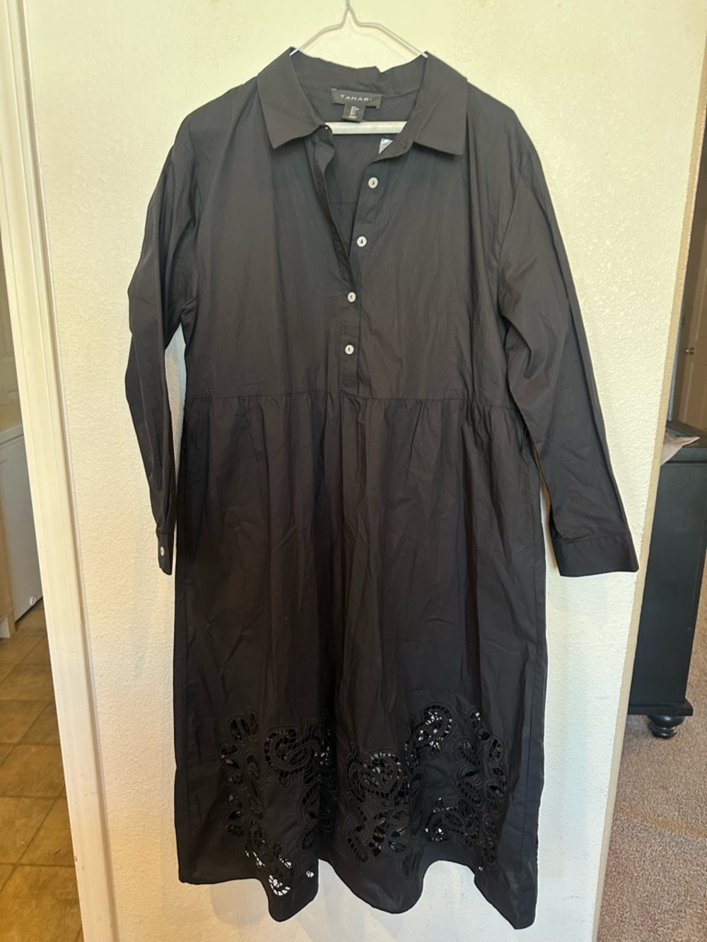 Tahari Black Eyelet Hem Long Sleeve Midi Shirt Dress